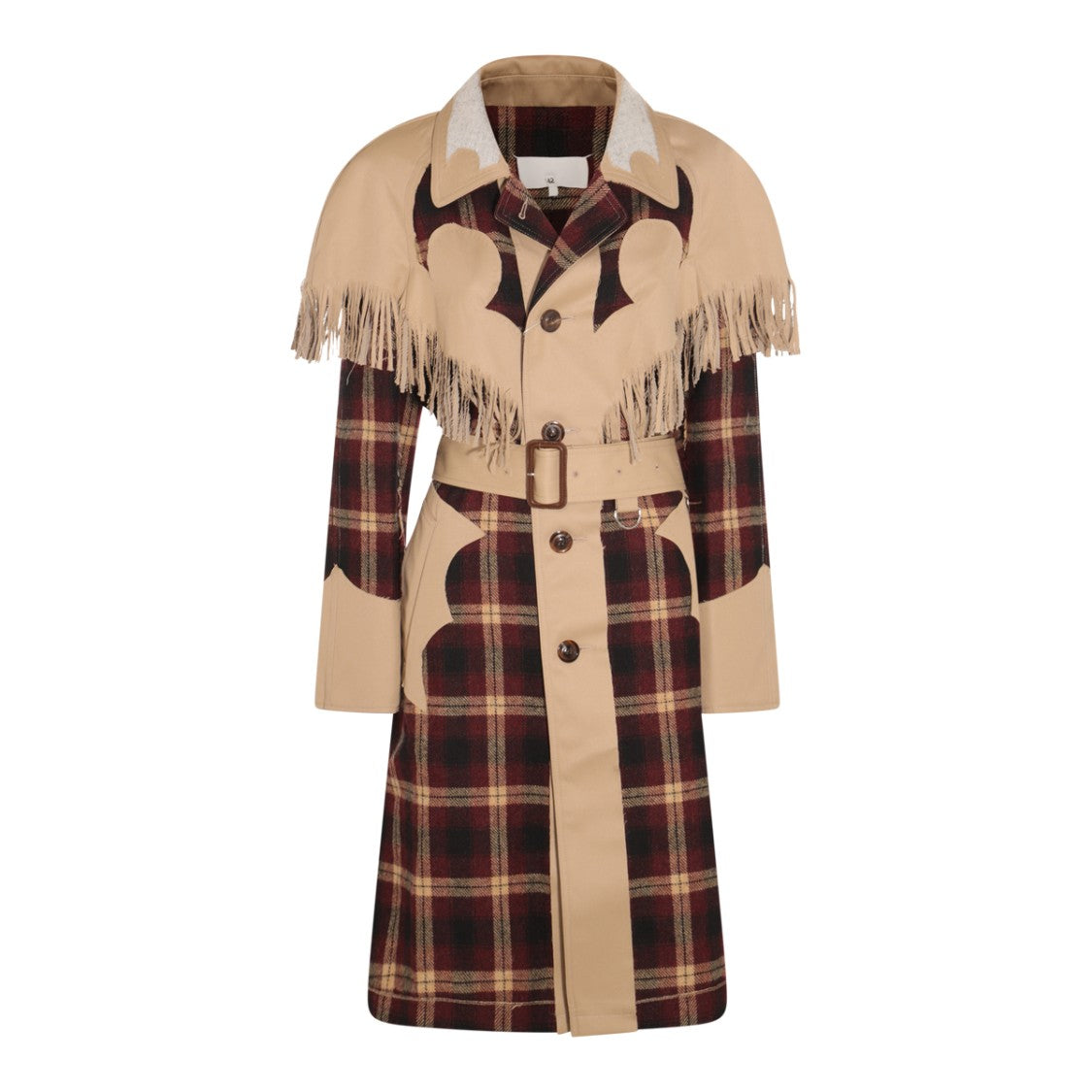 Maison Margiela Fringed Cape Overcoat With Check Pattern And Belted Waist