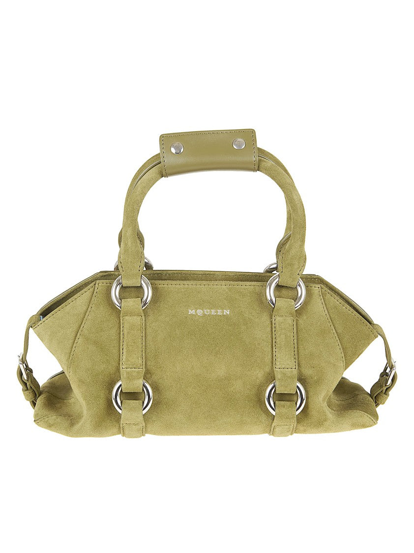 Alexander Mcqueen Elongated Green Suede Farringdon Shoulder Bag