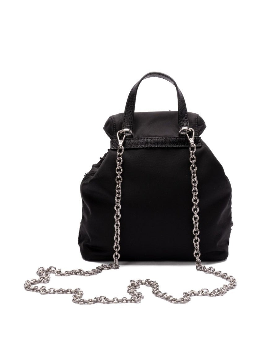 Prada Enamel Triangle-Logo Black Backpack With Front Buckle And Bead Embellishments