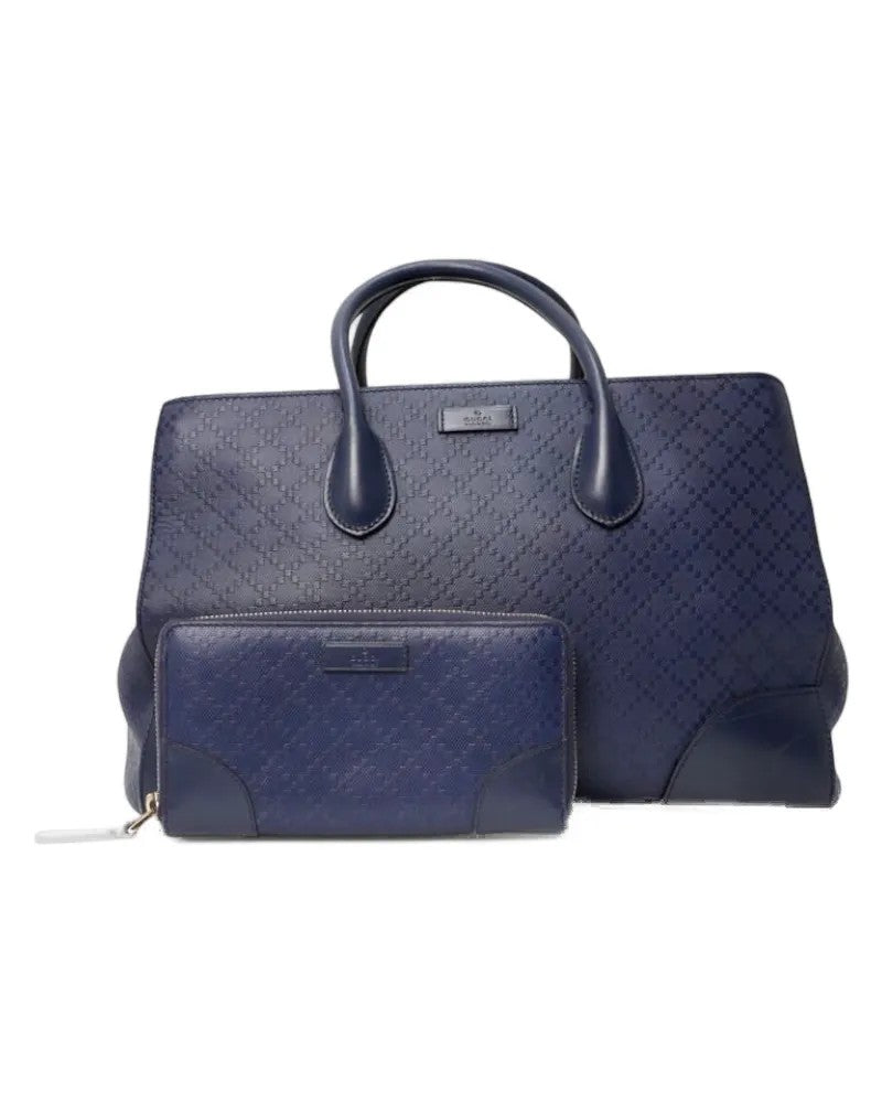 Gucci Blue Leather Shopper Bag With Gold Hardware And Coordinating Wallet