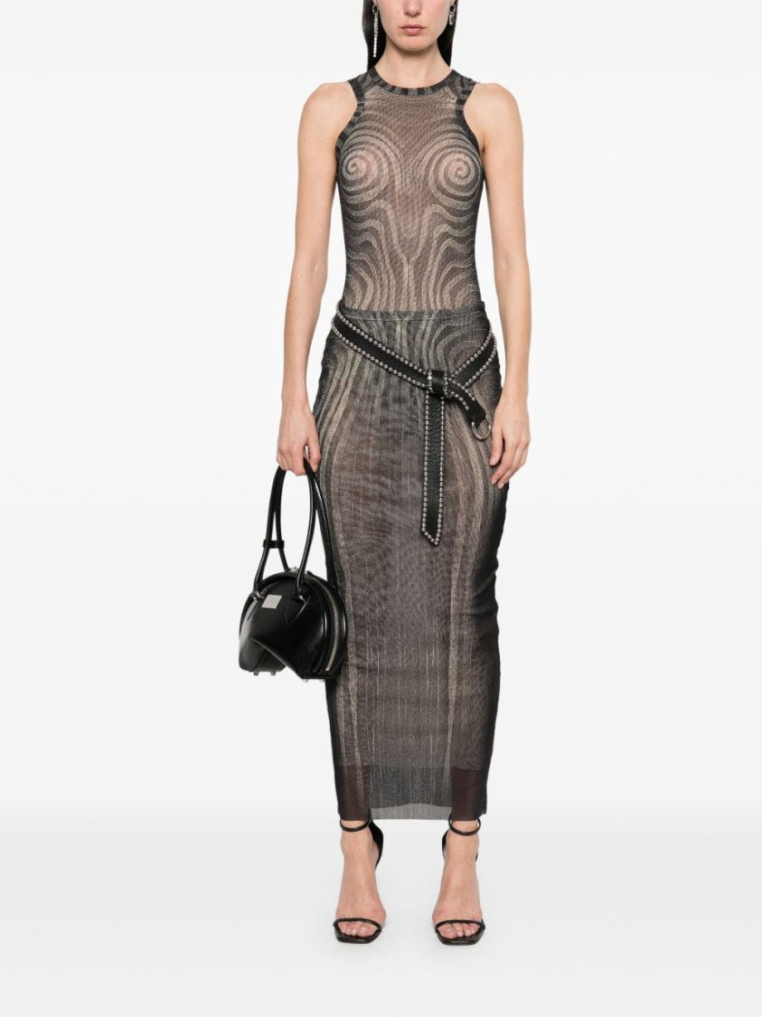 Jean Paul Gaultier Spiral Printed Mesh Long Skirt