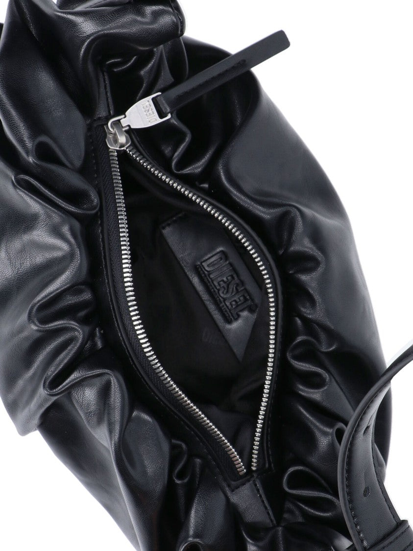 Diesel Ruched Black Fabric Shoulder Bag With Adjustable Strap