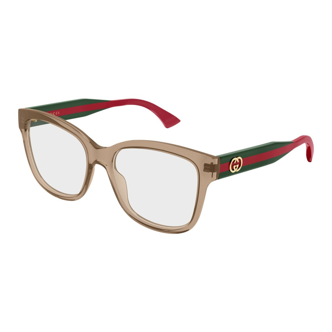 Gucci Translucent Light Brown Square Eyeglasses With Striped Temples