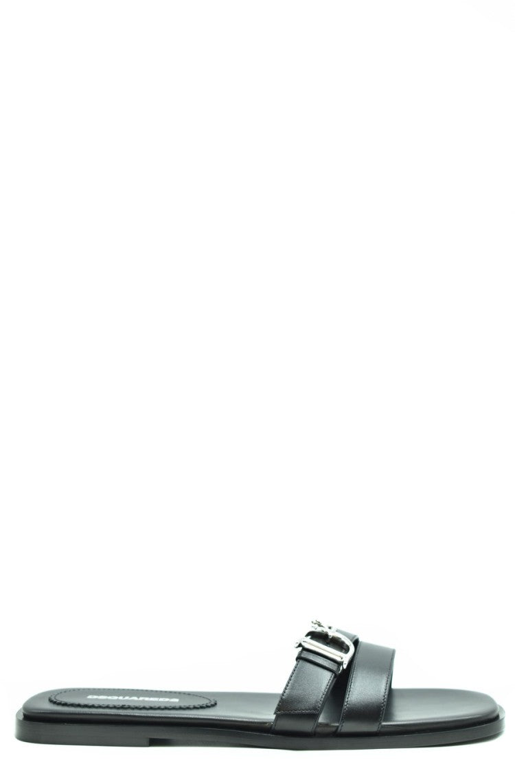 Dsquared2 Black Leather Sandals Silver Buckle Detail