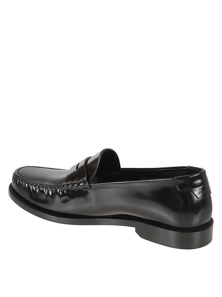 Saint Laurent Diamond-Cut Black Leather Loafers With Subtle Logo Plaque