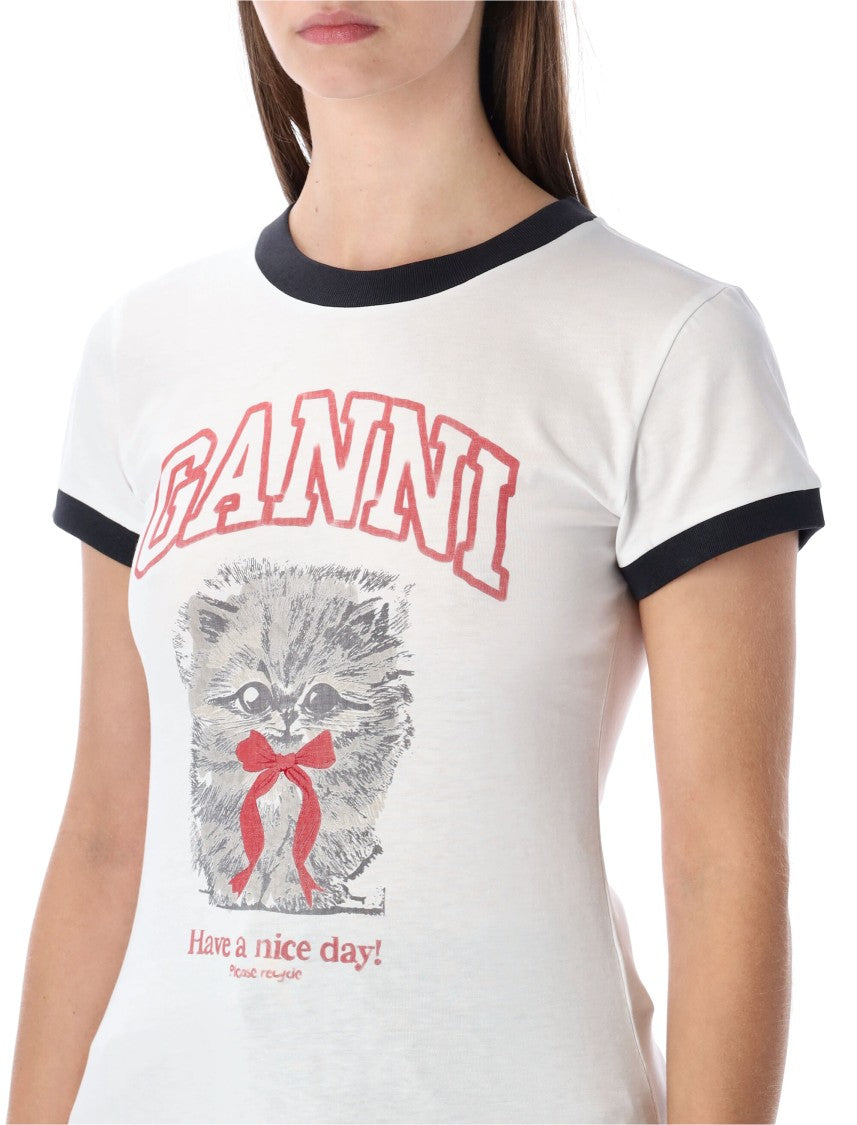 Ganni White Cropped Kitty T-Shirt