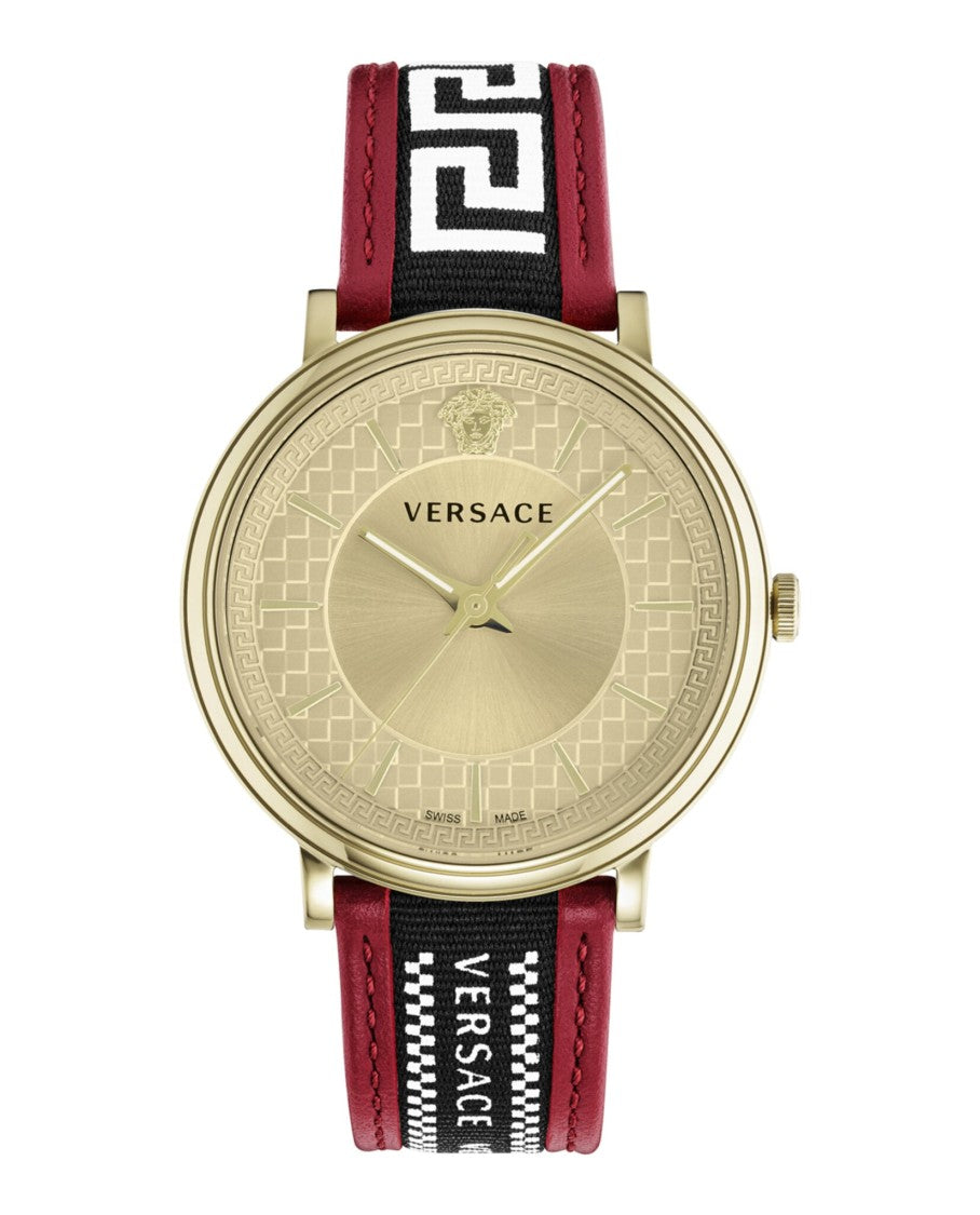 Versace V-Circle Leather Watch With Gold Sunray Dial