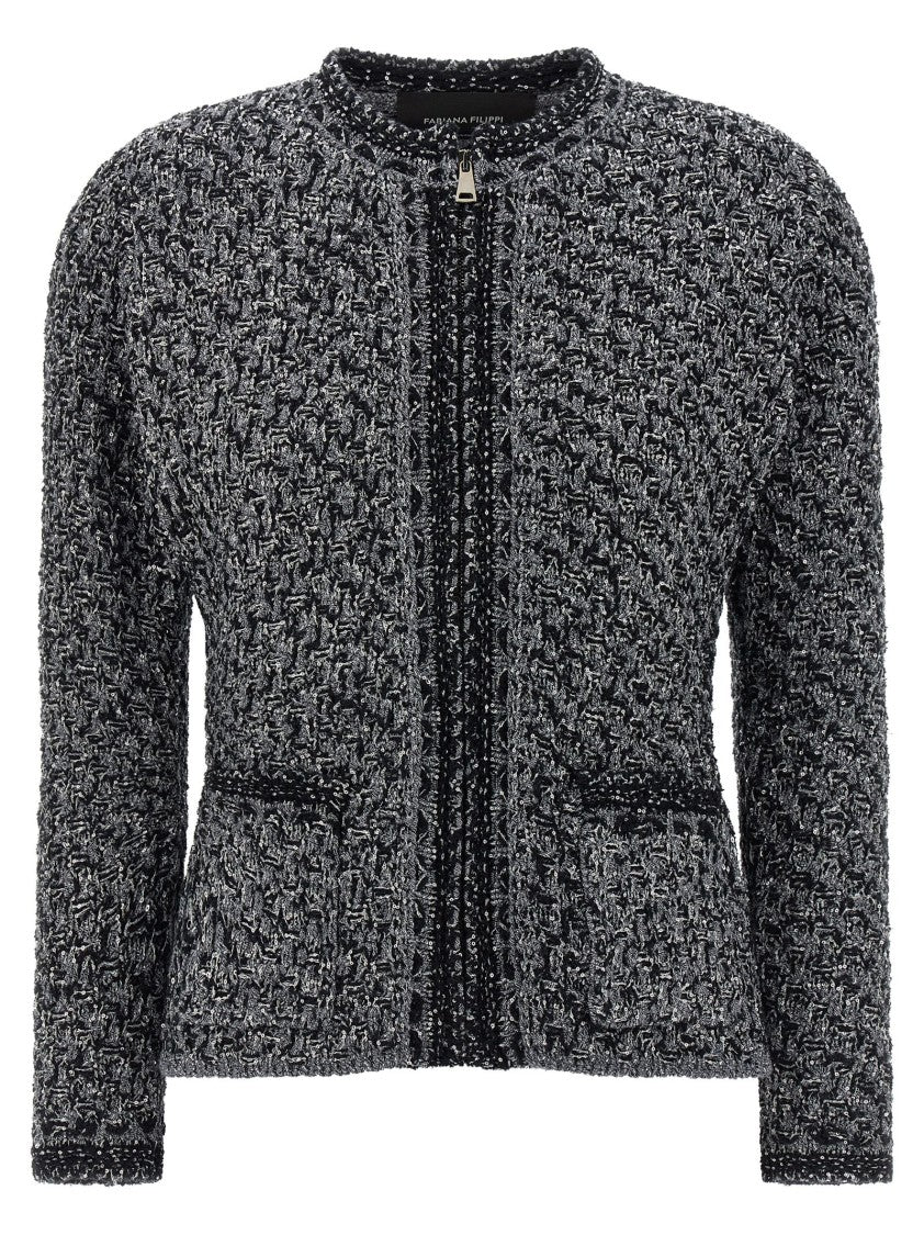 Fabiana Filippi Micro Sequin Denim Effect Tweed Jacket With Flared Waist
