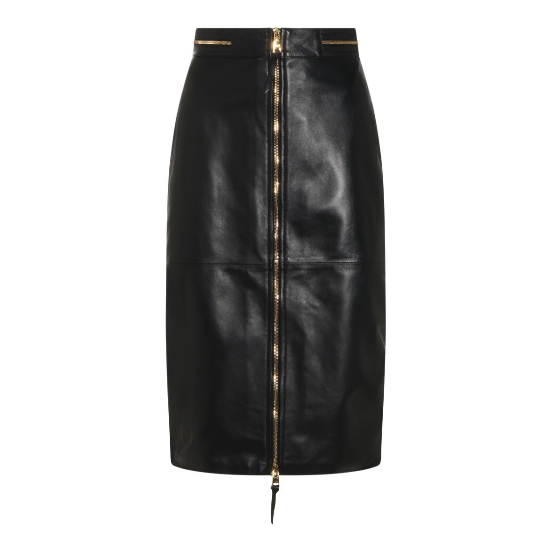 Elisabetta Franchi Knee-Length Black Leather Skirt With Gold Zipper Accents