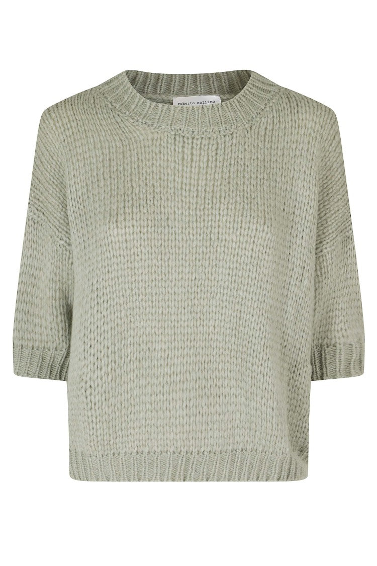 Roberto Collina Cropped Green Crew-Neck Sweater With Ribbed Trim