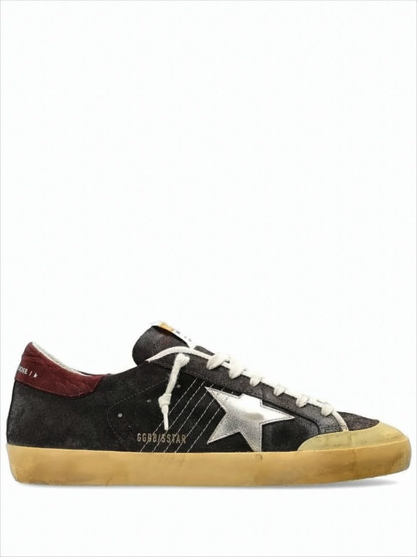 Golden Goose Distressed Black Suede Sneakers With Burgundy Heel Tab