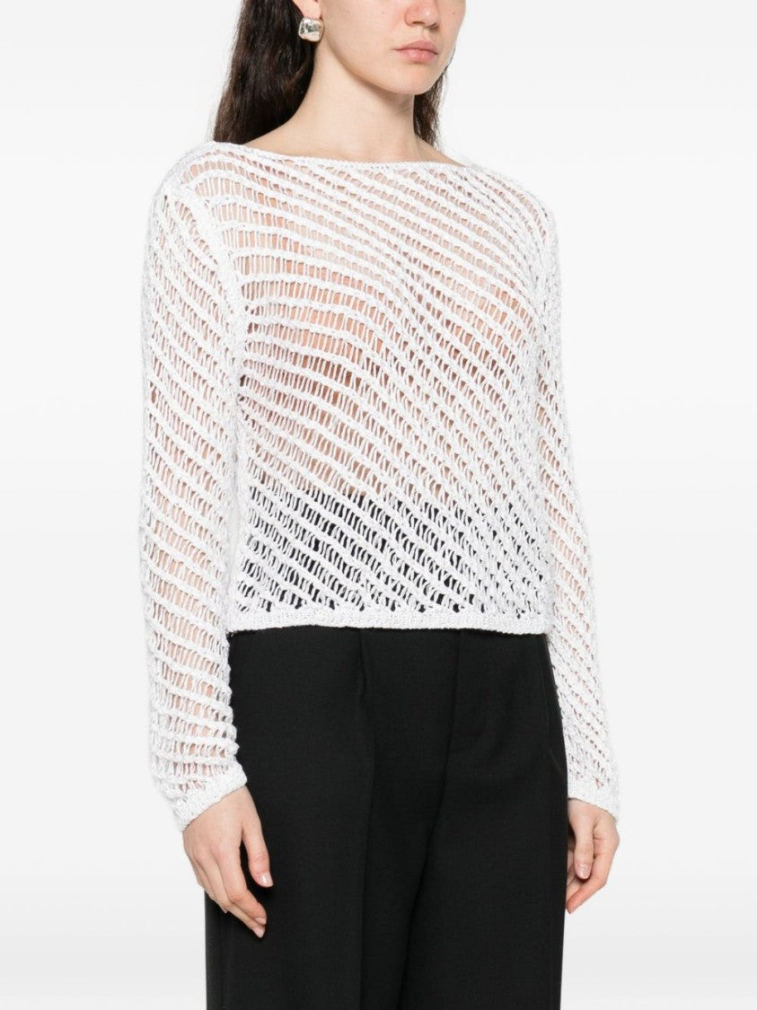 Pinko Open-Knit White Sweater With Subtle Shimmer And Diagonal Stripes