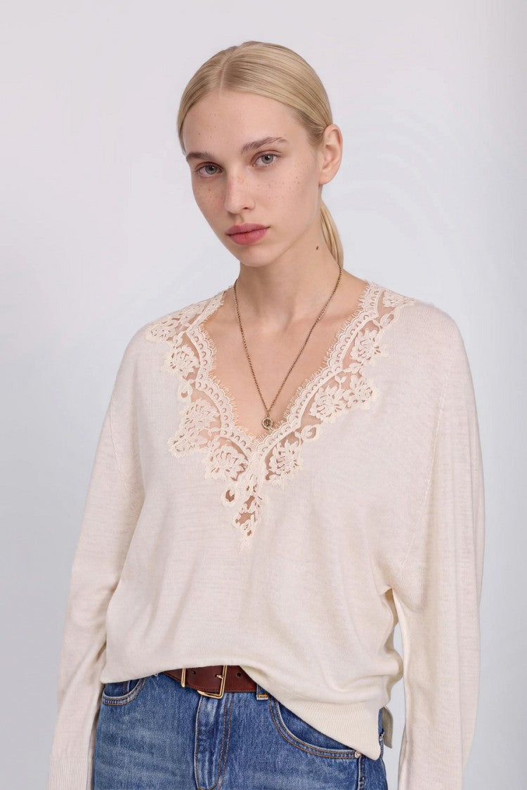 Ermanno Cream V-Neck Ruffled Floral Wool Sweater