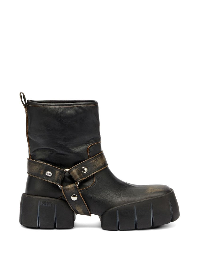 Diesel Chunky Sole Black Leather Boots With Ankle Strap Detail