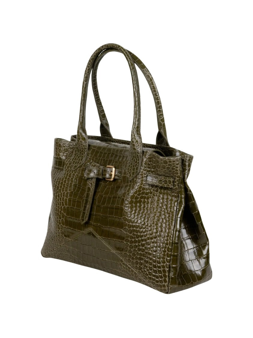 Ballantyne Medium Brown Cowhide Leather Shoulder Bag With Embossed Crocodile Pattern