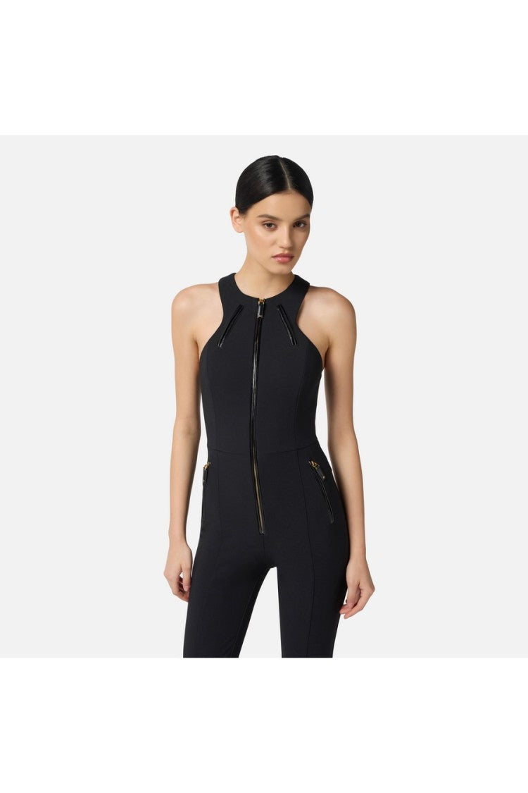 Elisabetta Franchi Black Sleeveless Zip-Front Polyester-Blend Jumpsuit