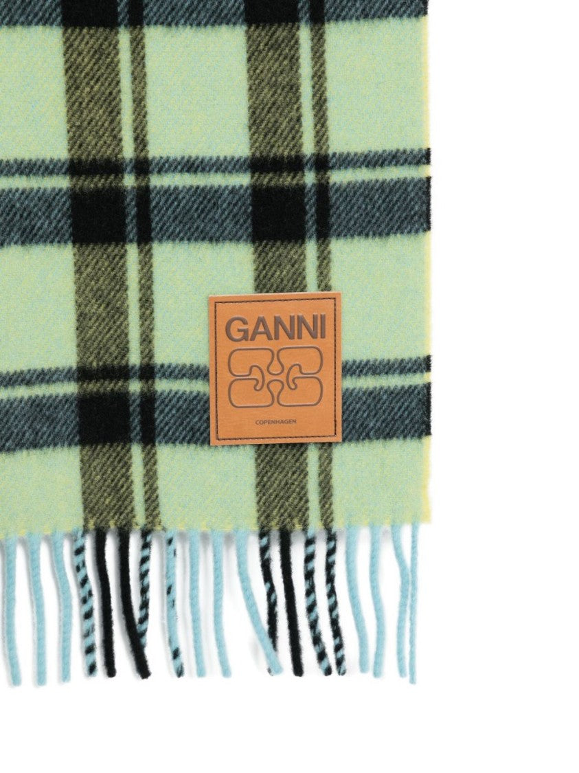 Ganni Plaid Wool Scarf With Fringed Edges
