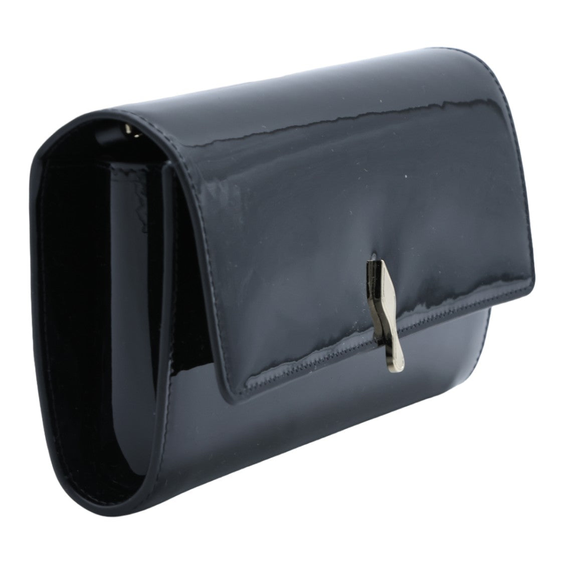 Christian Louboutin Glossy Black Wallet With Metallic Clasp And Chain Strap