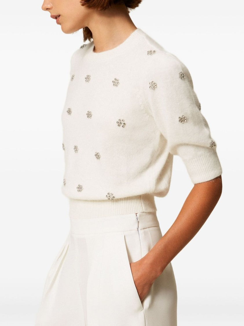 Twin-Set Cropped Knit Sweater With Floral Embellishments