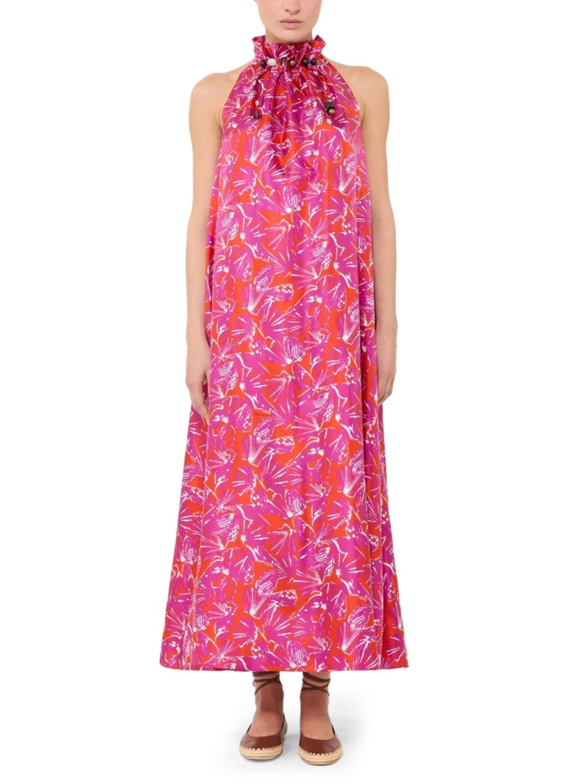 Max Mara Long Flowing Silk Maxi Dress With Ruffled Collar