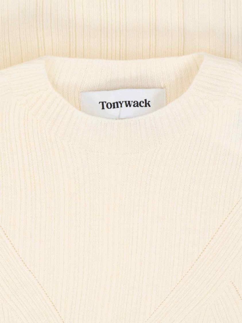 Tonywack Semi-Sheer Cream Knit Top With Round Neckline