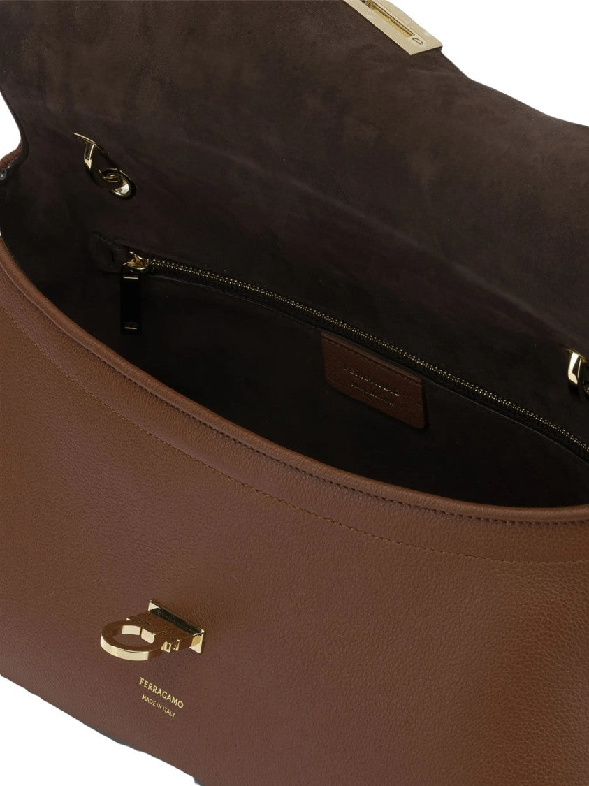 Salvatore Ferragamo Brown Pebbled Leather Shoulder Bag With Gancini Lock