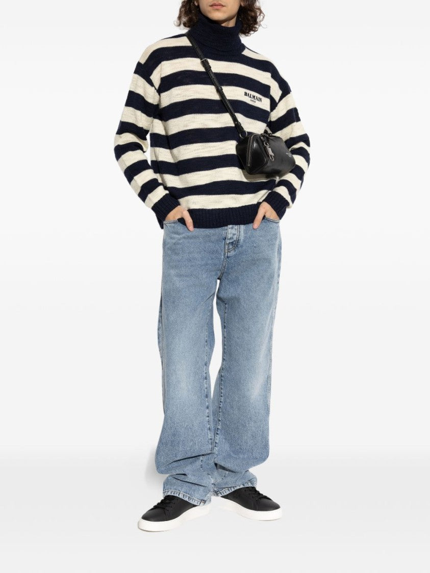 Balmain Navy/Off-White Horizontal Stripe Knit Sweater
