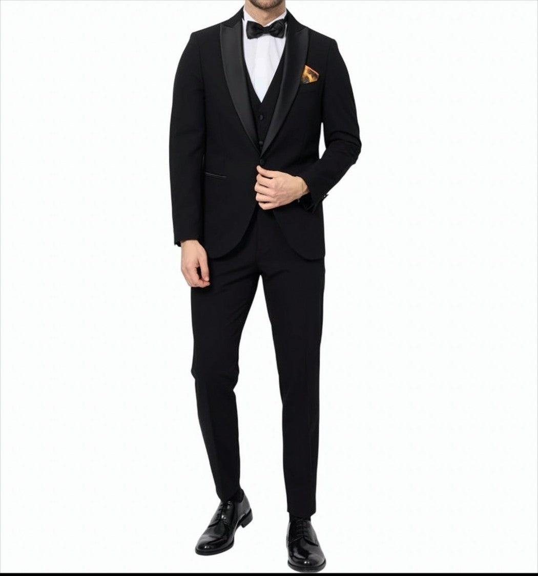 Bharnaba Black Tuxedo Suit With Satin Peak Lapel