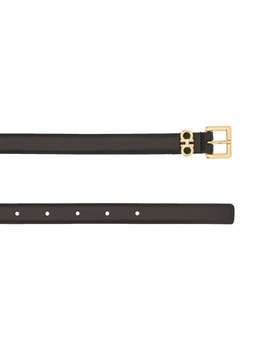 Ferragamo Slim Black Leather Belt With Classic Gold Buckle