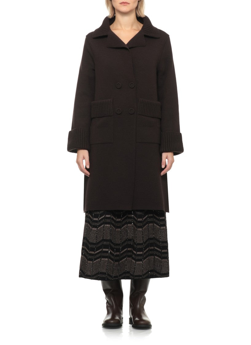 D. Exterior Brown Ribbed Trims Classic Lapel Wool Coat