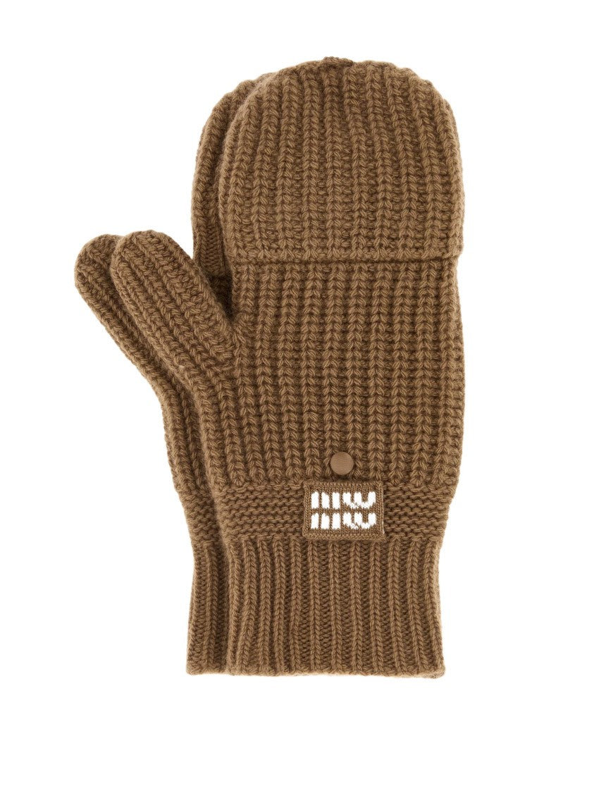 Miu Miu Ribbed Knit Convertible Gloves With Mitten Top And Logo Patch