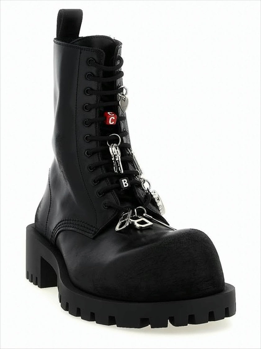 Balenciaga Black Leather Combat Boots With Sole