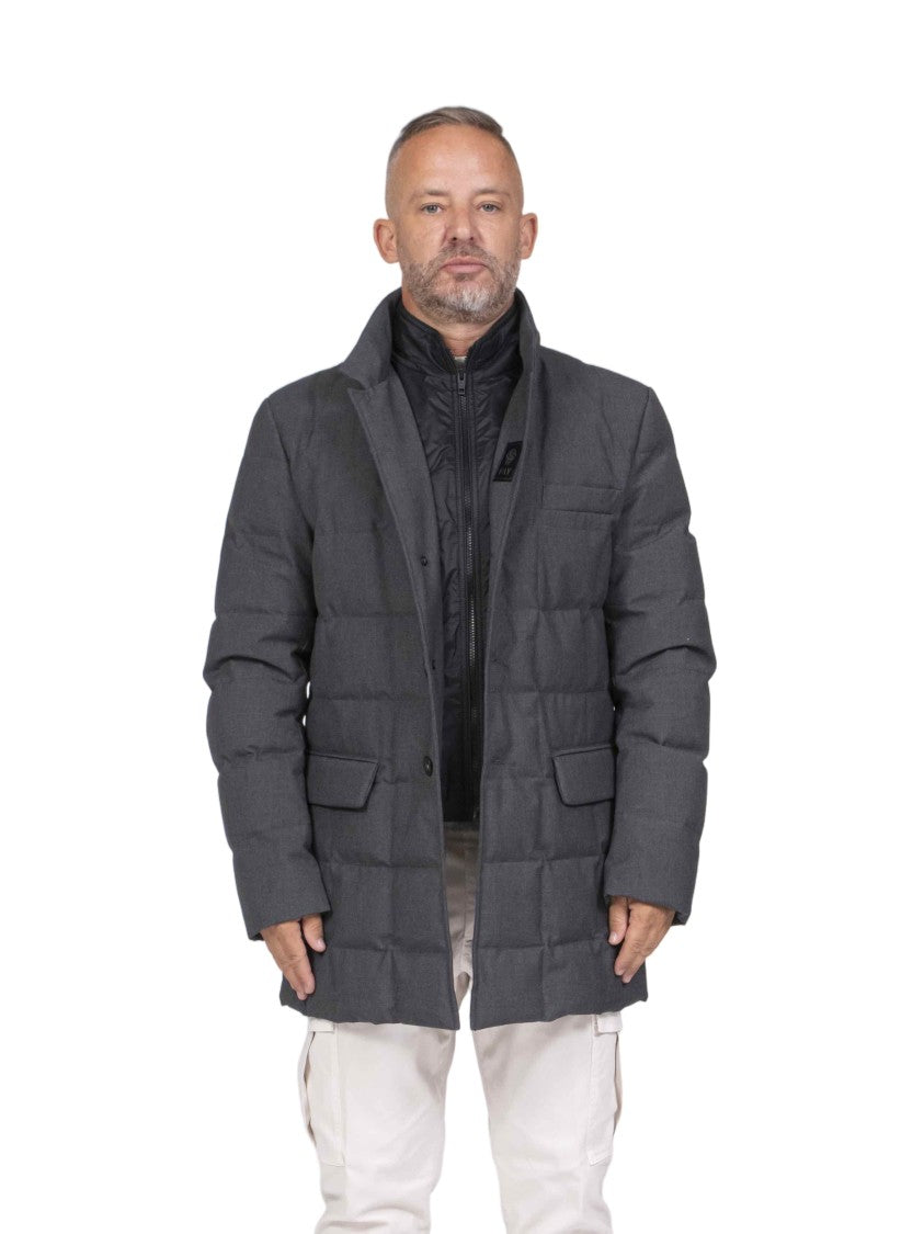 Fay Dark Grey Flap-Pocket Quilted High-Collar Coat