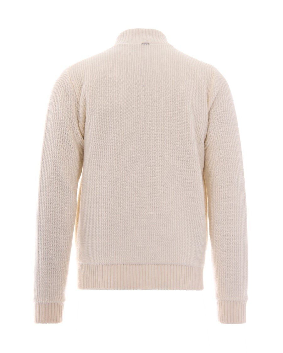 Herno White Full Zip Rib-Knit Wool Sweater