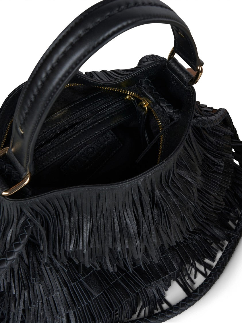 Visona` Black Handbag With Layered Leather Fringe Detailing