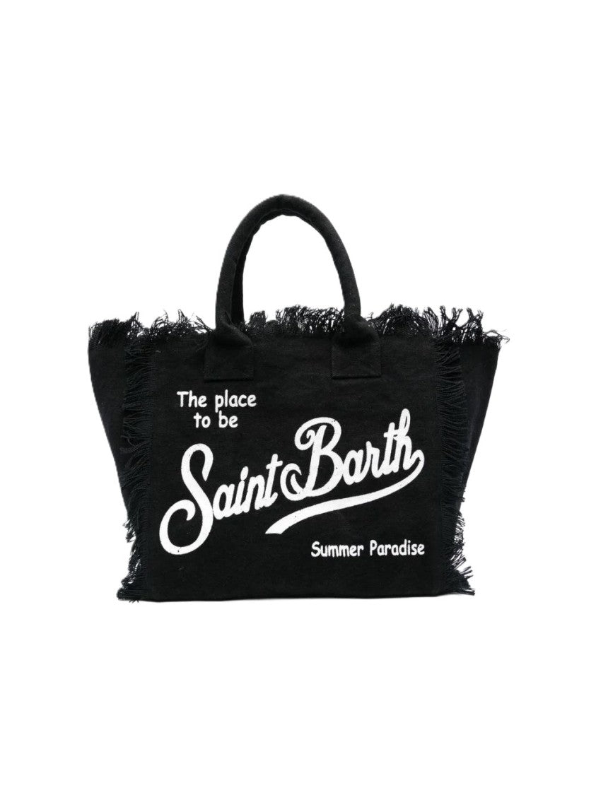 Mc2 Saint Barth Frayed Edge Black Tote Bag With Striking Text