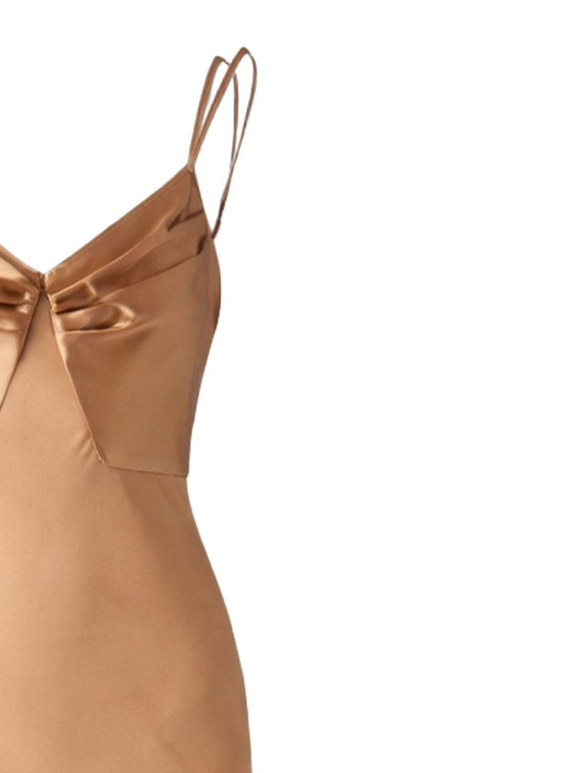 Elisabetta Franchi Beige Satin Cowl Neck Day Dress