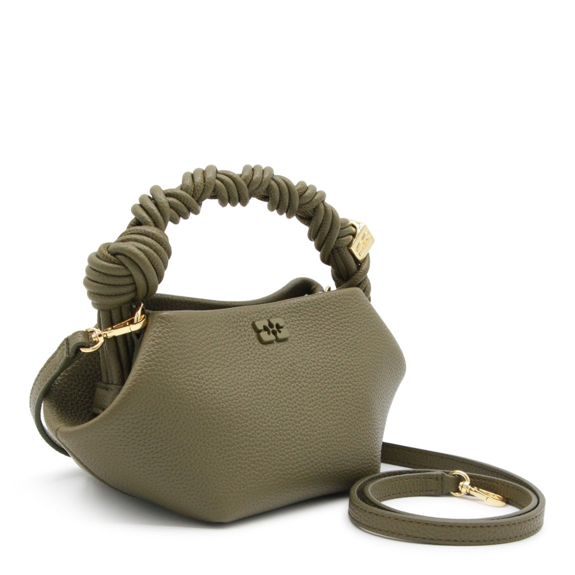 Ganni Military Green Top Handle Bag With Twisted Design And Gold Accents