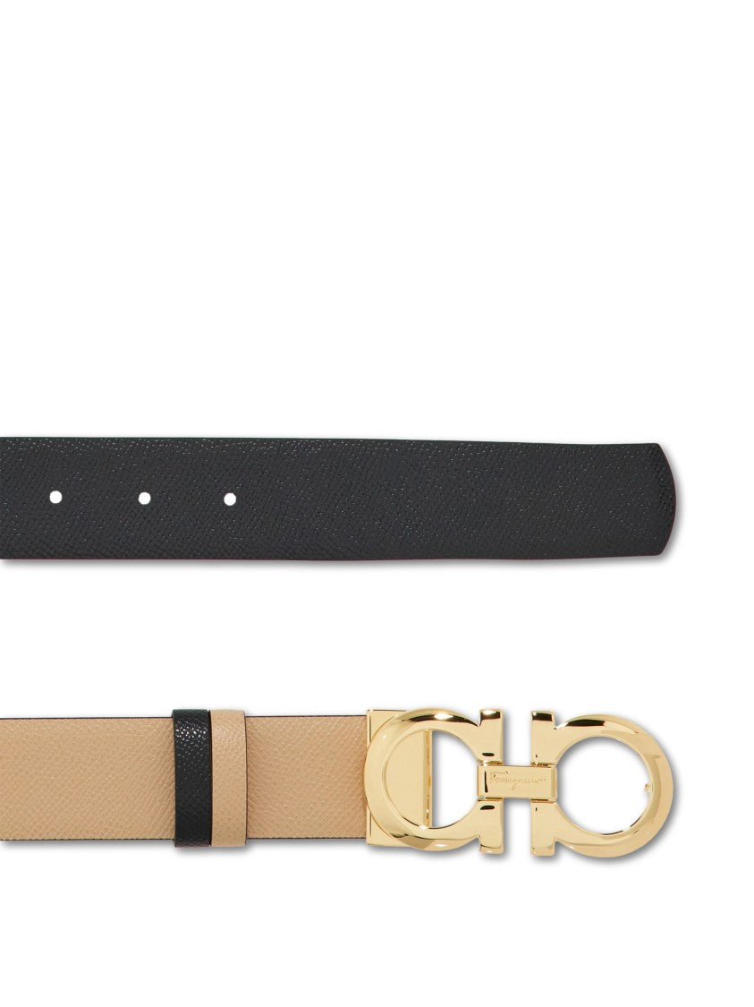 Ferragamo Smooth Beige Leather Belt With Polished Gold-Tone Buckle