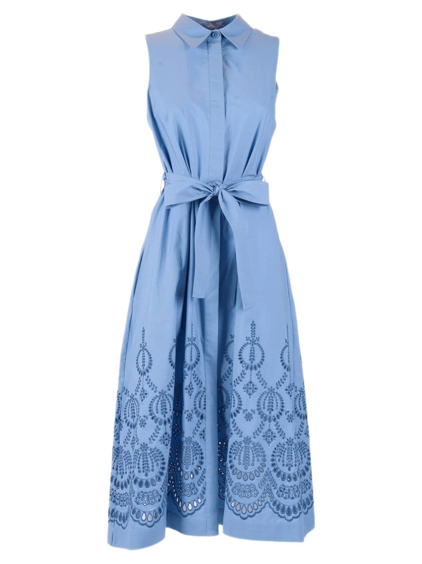 Parosh Sleeveless Light Blue Chemisier Dress With Intricate Embroidery