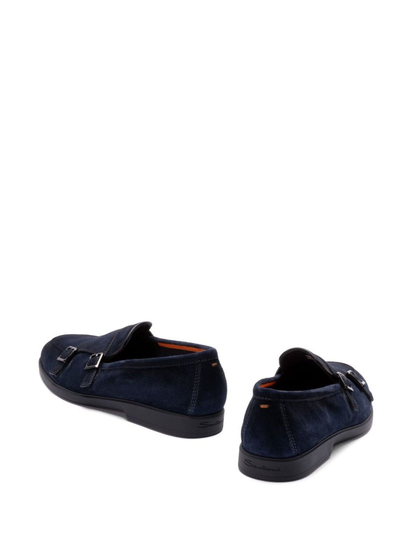 Santoni Navy Blue Almond Toe Moccasins