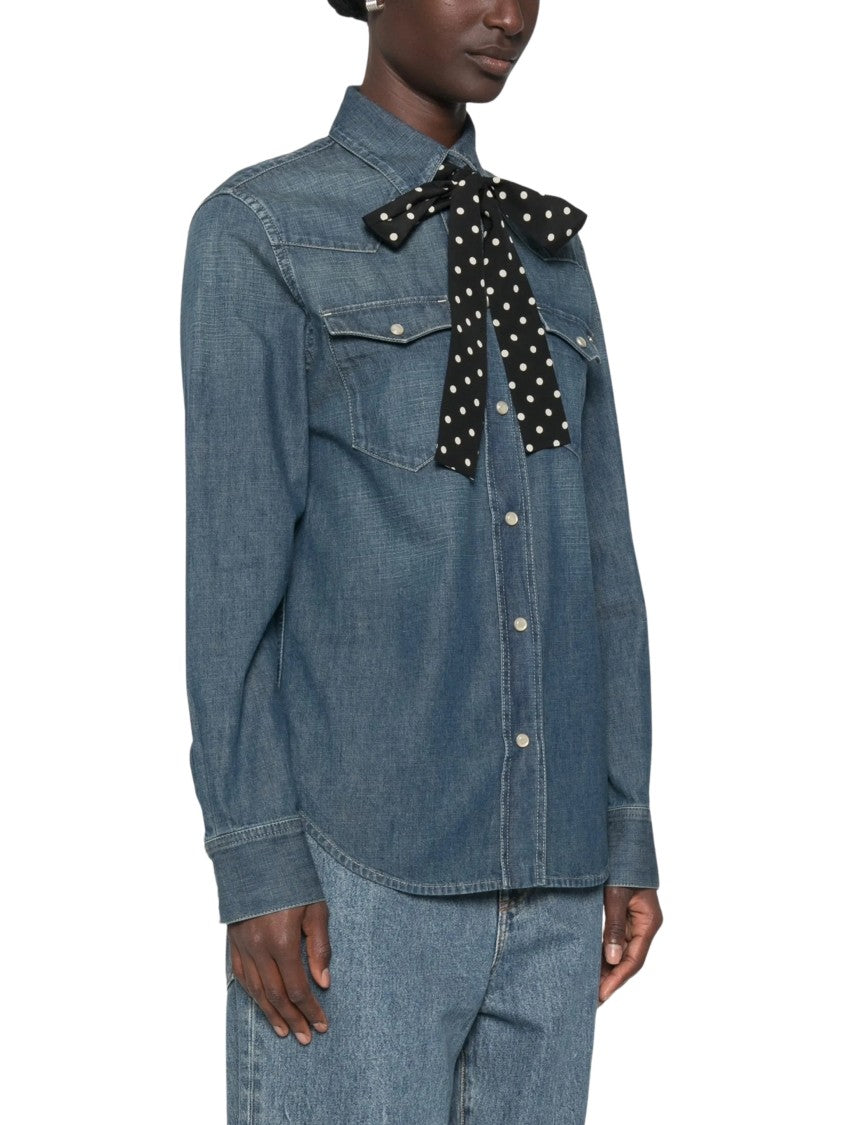 Valentino Blue Polka-Dot Silk-Trimmed Cotton Denim Western Shirt