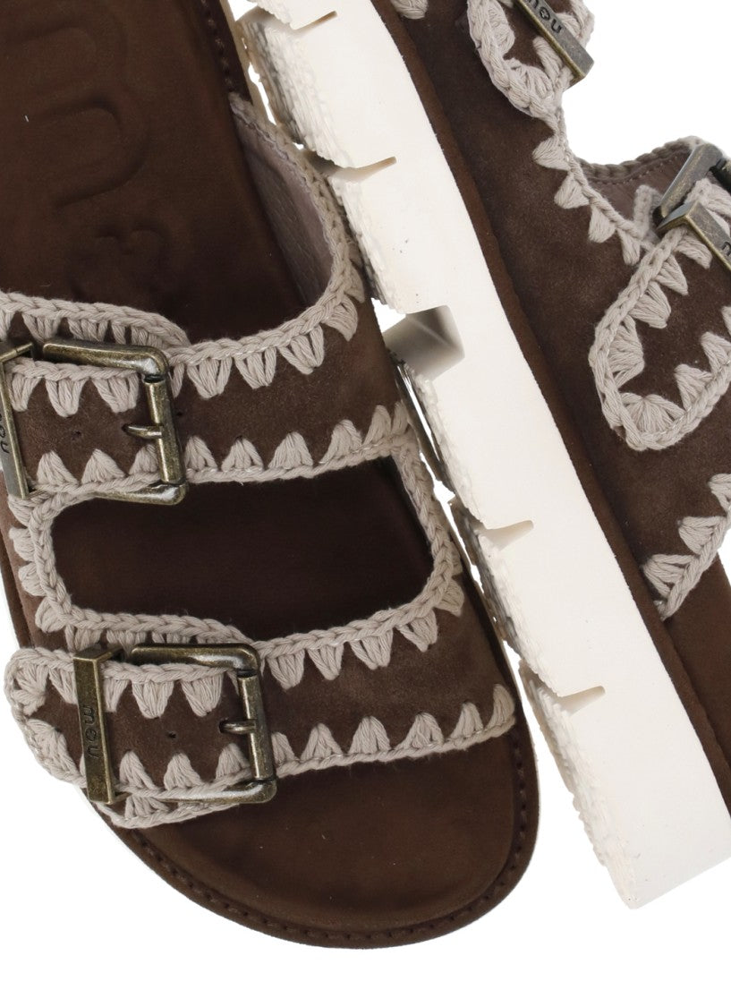 Mou Brown Front Straps Suede Sandals