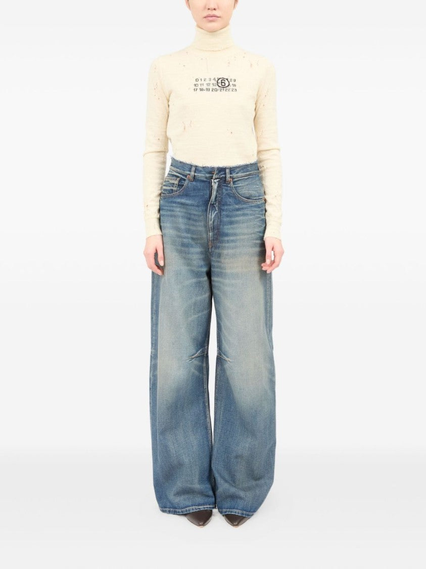 Mm6 By Maison Margiela High-Waisted Wide Leg Jeans With Frayed Waistband