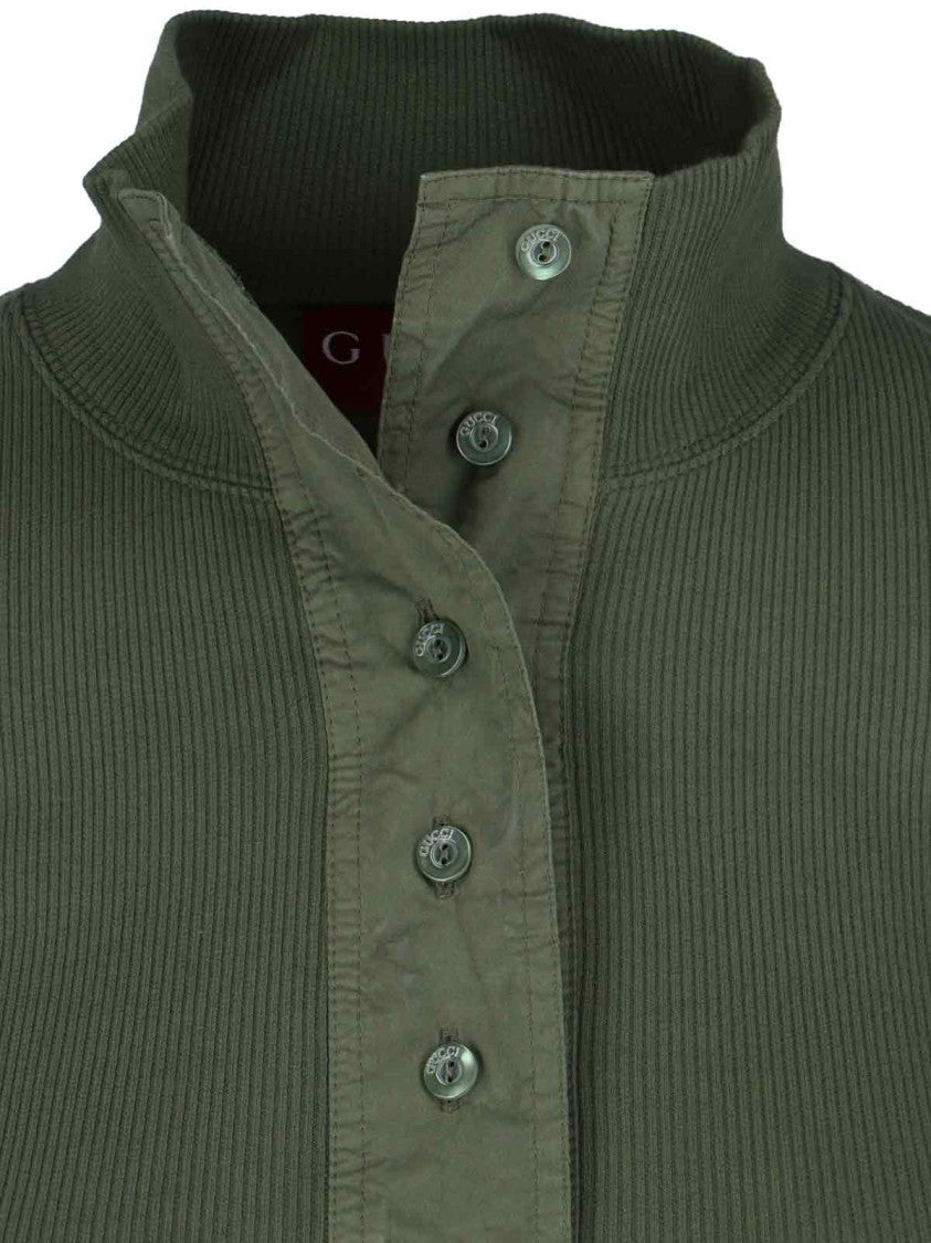Gucci Green Cotton Ribbed Knit Logo Turtleneck T-Shirt