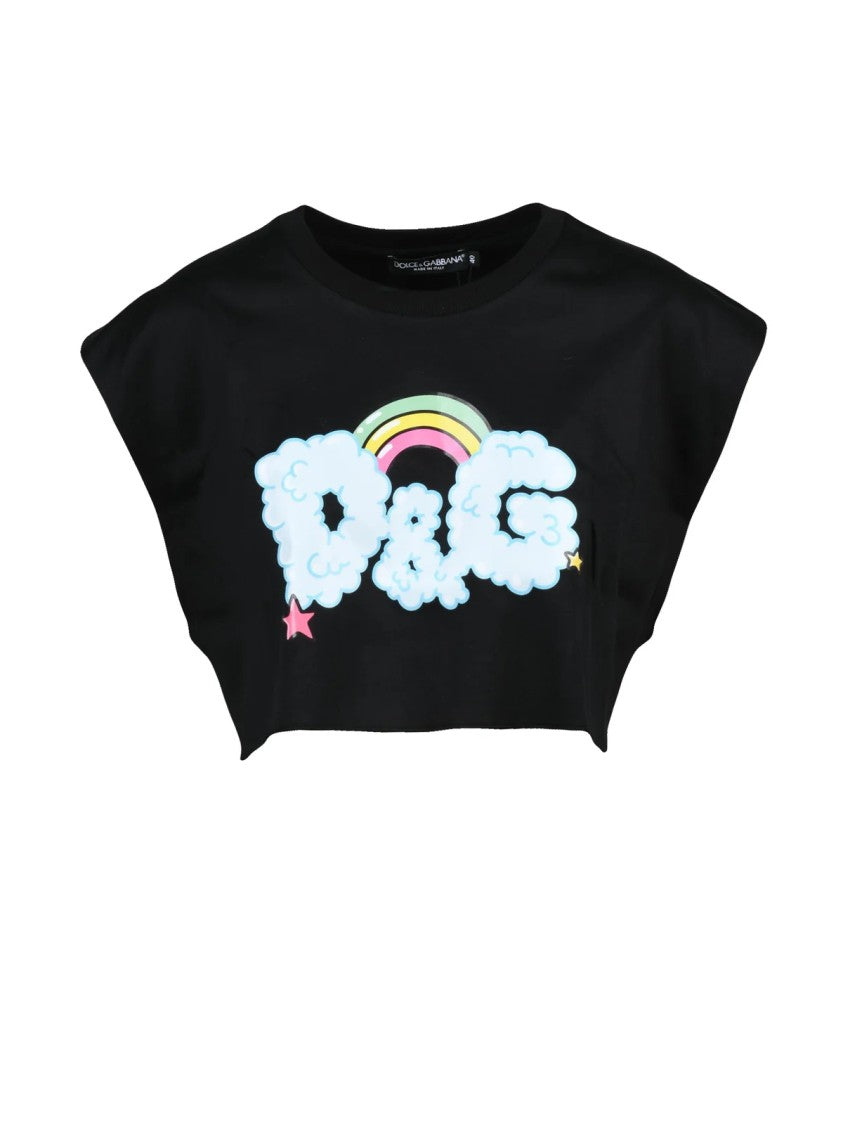 Dolce & Gabbana Black Playful D&G Logo Rainbow Cropped Cotton T-Shirt