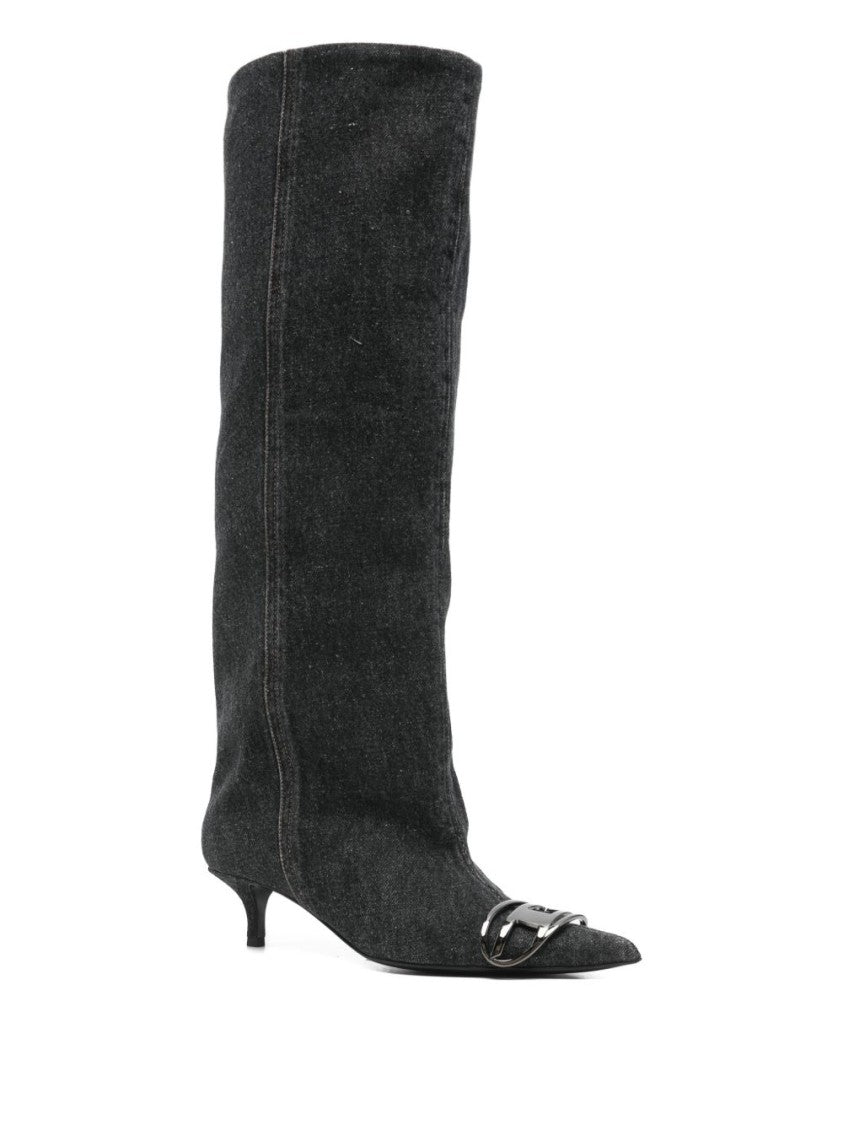 Diesel Black Blue Logo Plaque Pointed Boots
