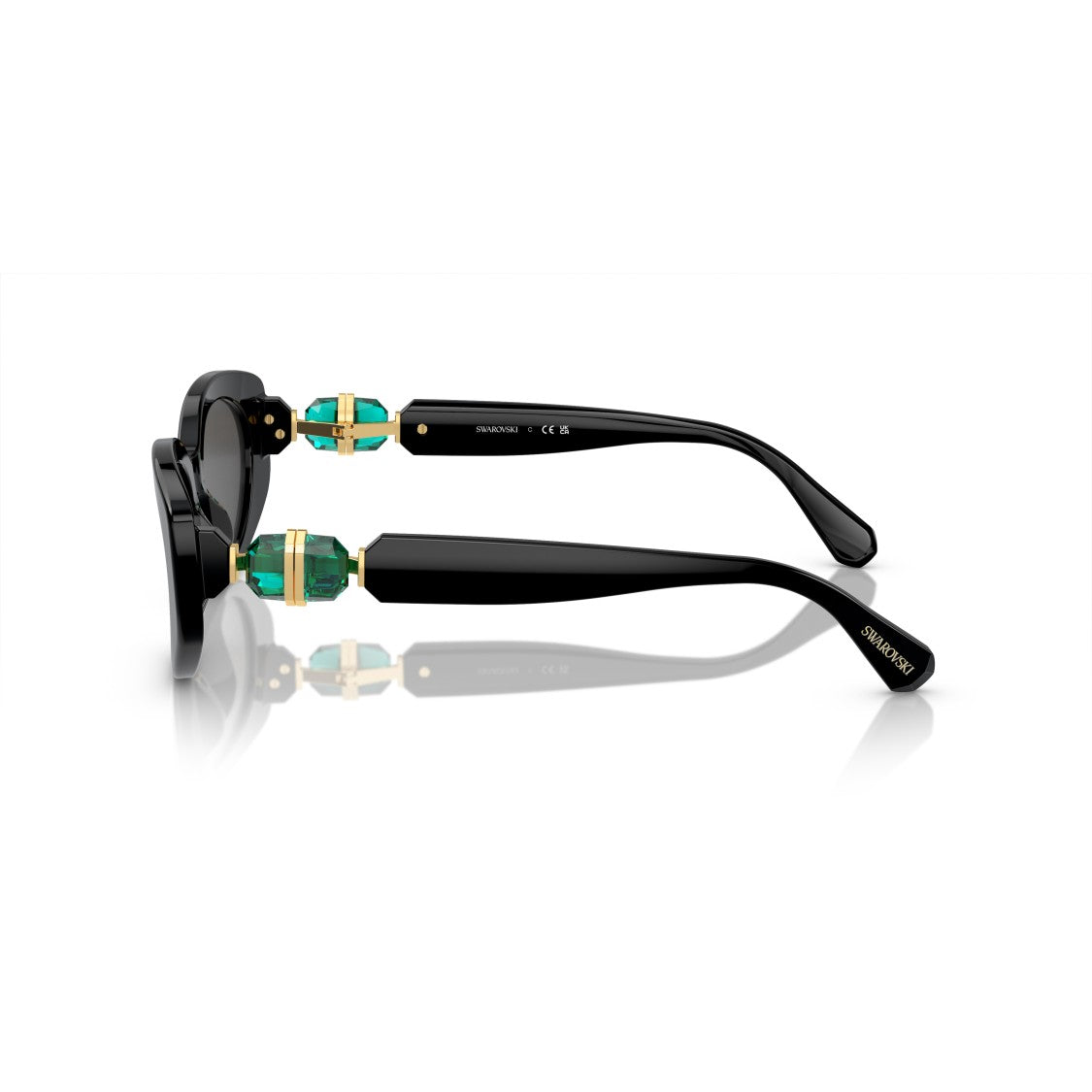 Swarovski 0Sk6002 Oversized Black Acetate Sunglasses With Green Crystal Embellishments