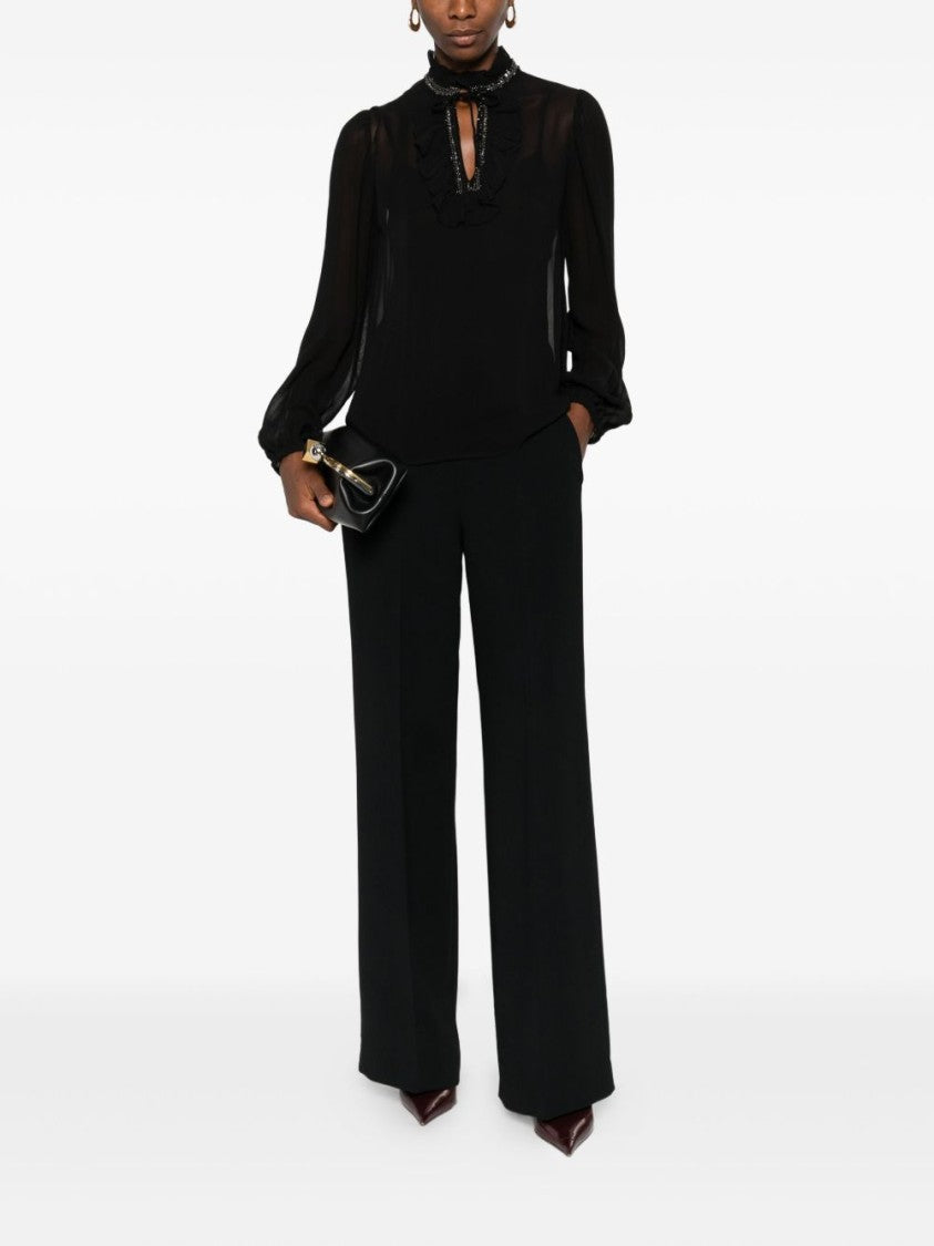Twin-Set Ruffled Black Blouse With Bead Embellishments