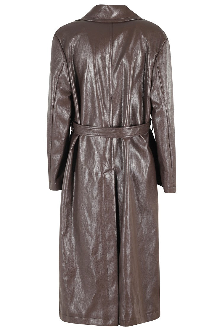 Solotre Glossy Brown Trench Coat With Belted Waist And Classic Collar
